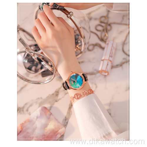 6034 GUOU Colorful Dial Waterproof Wristwatches Green Watch Band Stainless Steel And White Collar Female Watches